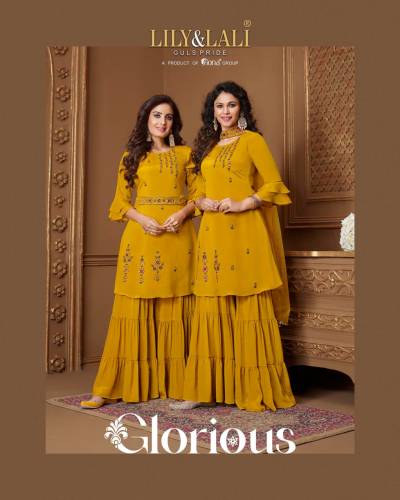 Glorius By Lily & Lali Chinon Festive Wear Top WIth Sharara And Dupatta Collection